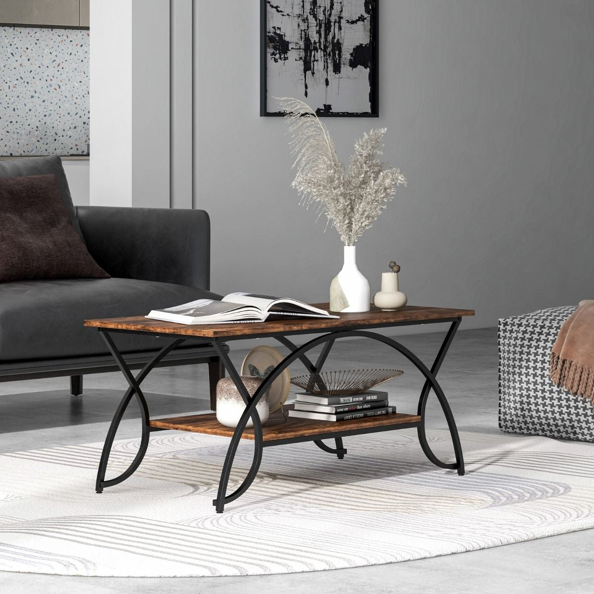 Table Basse Moderne Table D'Appoint Rectangulaire À 2 Niveaux Avec Structure En Métal Table De Cocktail Chic Pour Salon Café