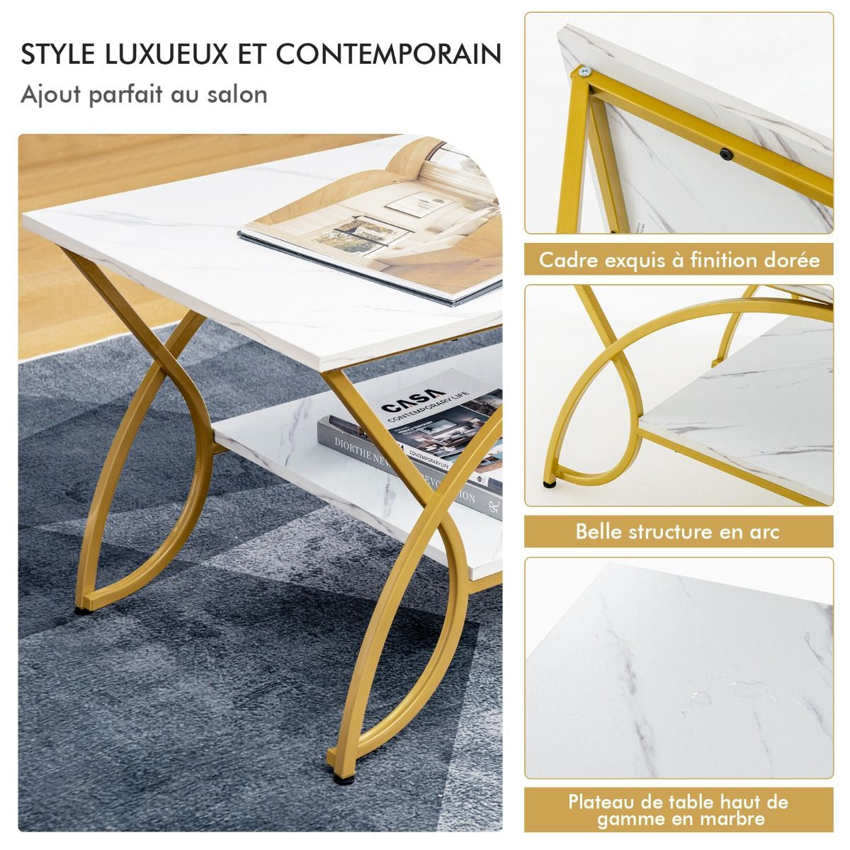 Table Basse Moderne Table D'Appoint Rectangulaire À 2 Niveaux Avec Structure En Métal Table De Cocktail Chic Pour Salon Brun/Blanc/Blanc Et Or