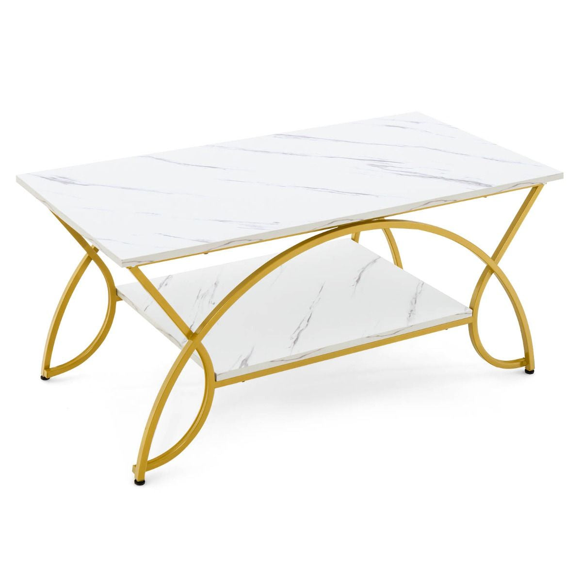 Table Basse Moderne Table D'Appoint Rectangulaire À 2 Niveaux Avec Structure En Métal Table De Cocktail Chic Pour Salon Brun/Blanc/Blanc Et Or