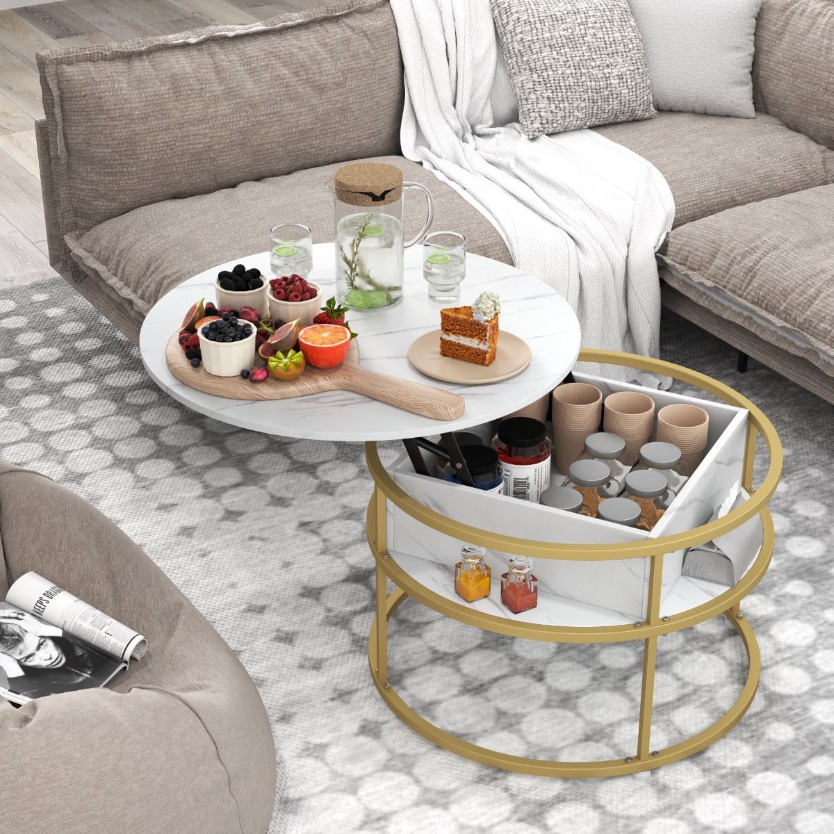 Table basse design blanc & or à plateau relevable