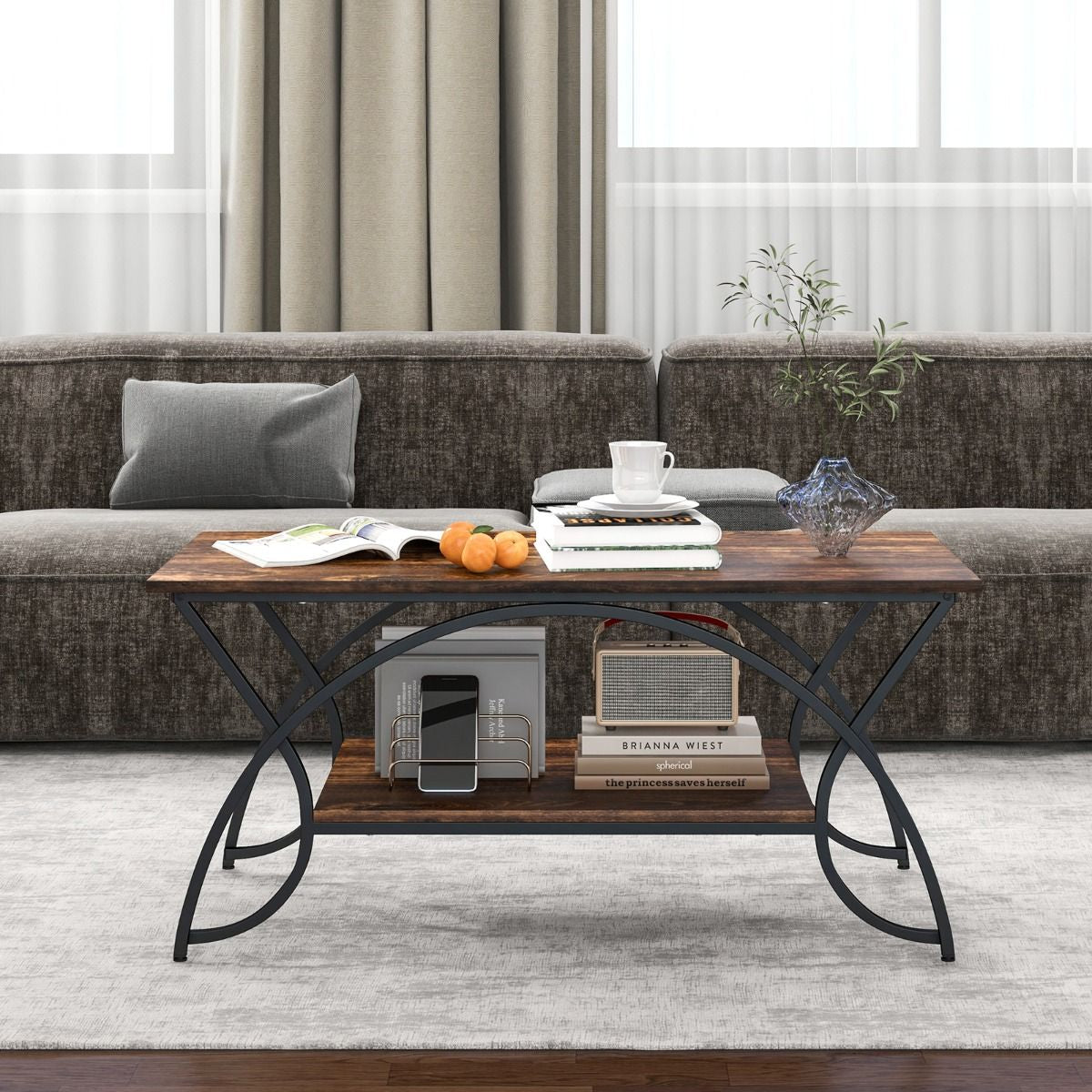 Table Basse Moderne Table D'Appoint Rectangulaire À 2 Niveaux Avec Structure En Métal Table De Cocktail Chic Pour Salon Café