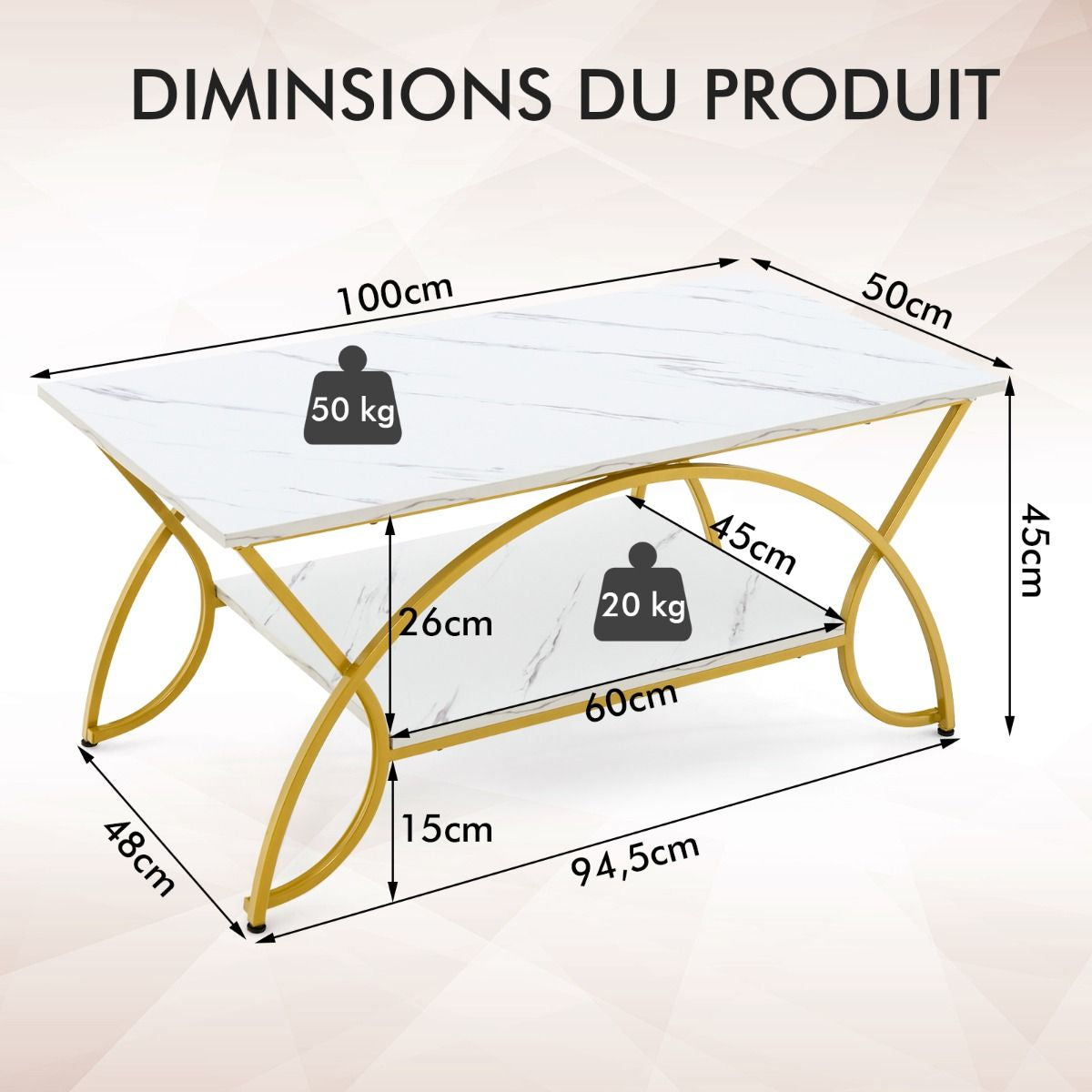 Table Basse Moderne Table D'Appoint Rectangulaire À 2 Niveaux Avec Structure En Métal Table De Cocktail Chic Pour Salon Brun/Blanc/Blanc Et Or